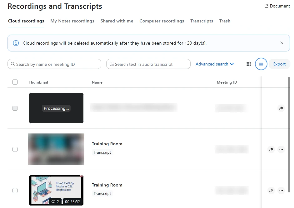 Zoom web portal Recordings and Transcripts page, Cloud recordings tab: a list of recordings with thumbnail, name, meeting ID and share button
