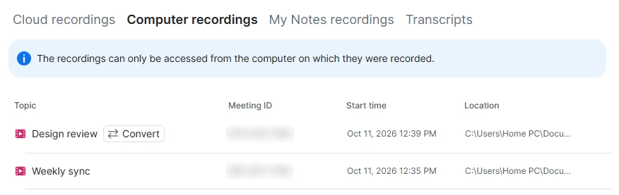 Zoom Hub, Computer recordings tab: the Design review recording has a Convert button next to its topic