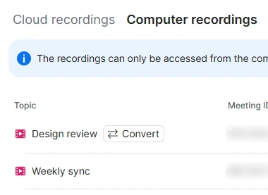 Zoom Hub, Computer recordings tab with two recordings