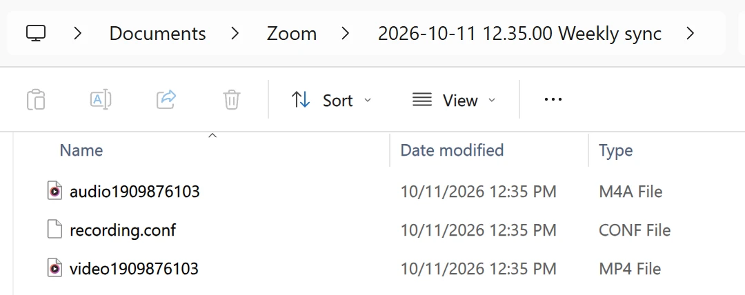 File Explorer address bar: Documents › Zoom › 2026-10-11 12.35.00 Weekly sync, with the M4A, CONF and MP4 files of the recording below