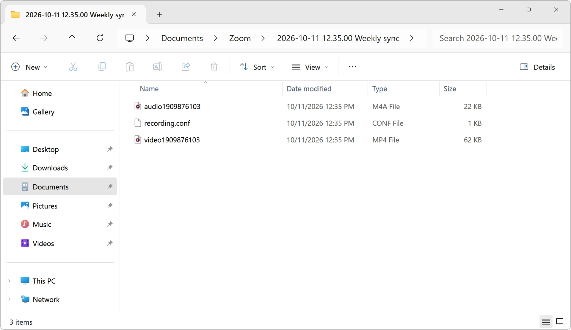 Windows 11 File Explorer in Details view. The address bar reads Documents › Zoom › 2026-10-11 12.35.00 Weekly sync; the folder holds audio1909876103 (M4A File, 22 KB), recording.conf (CONF File, 1 KB) and video1909876103 (MP4 File, 62 KB)