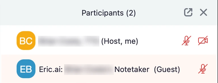 Zoom Participants (2): the host and an AI notetaker listed as a guest