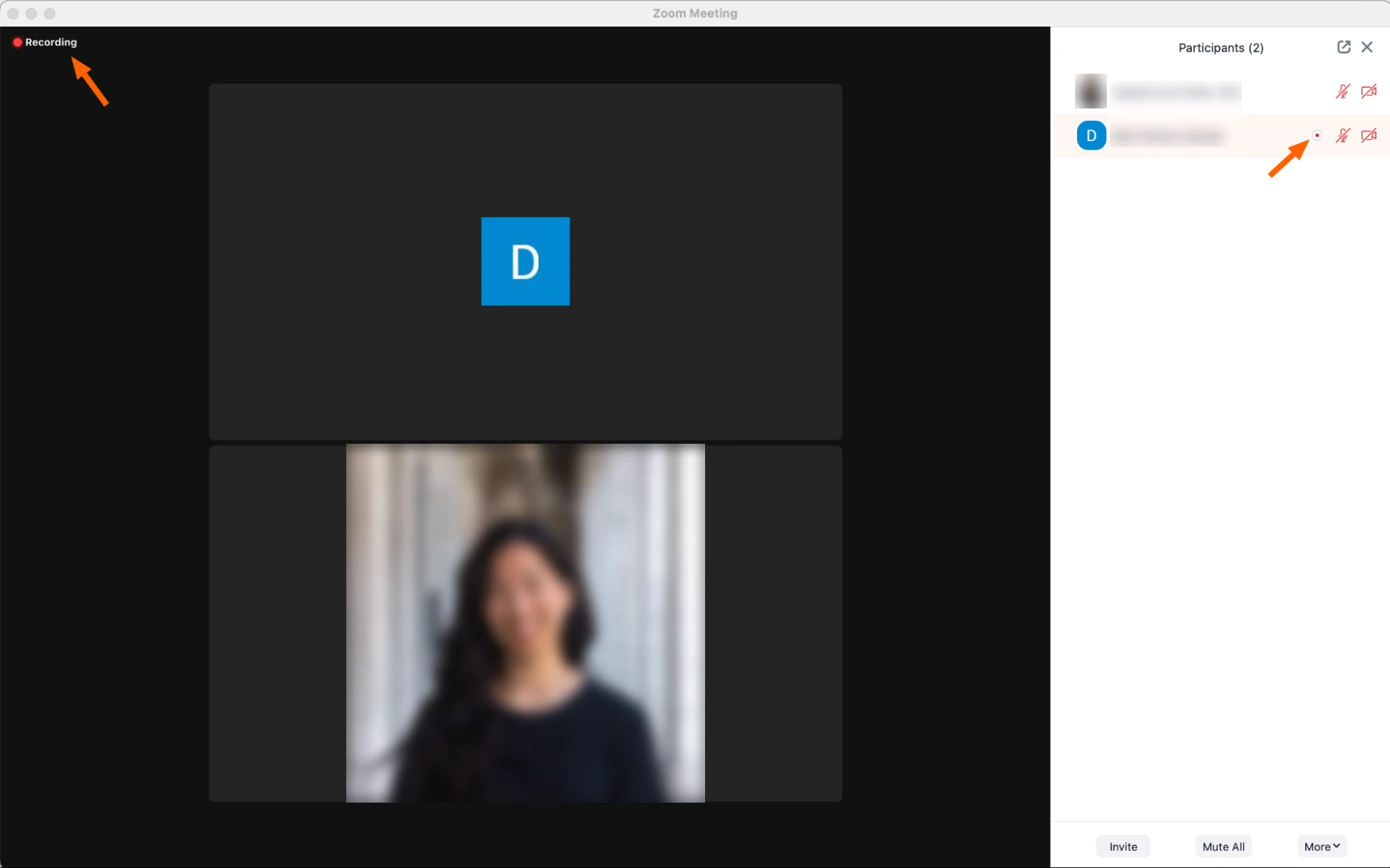 Zoom meeting window with a Recording indicator at the top left and a recording icon next to the guest in the Participants panel