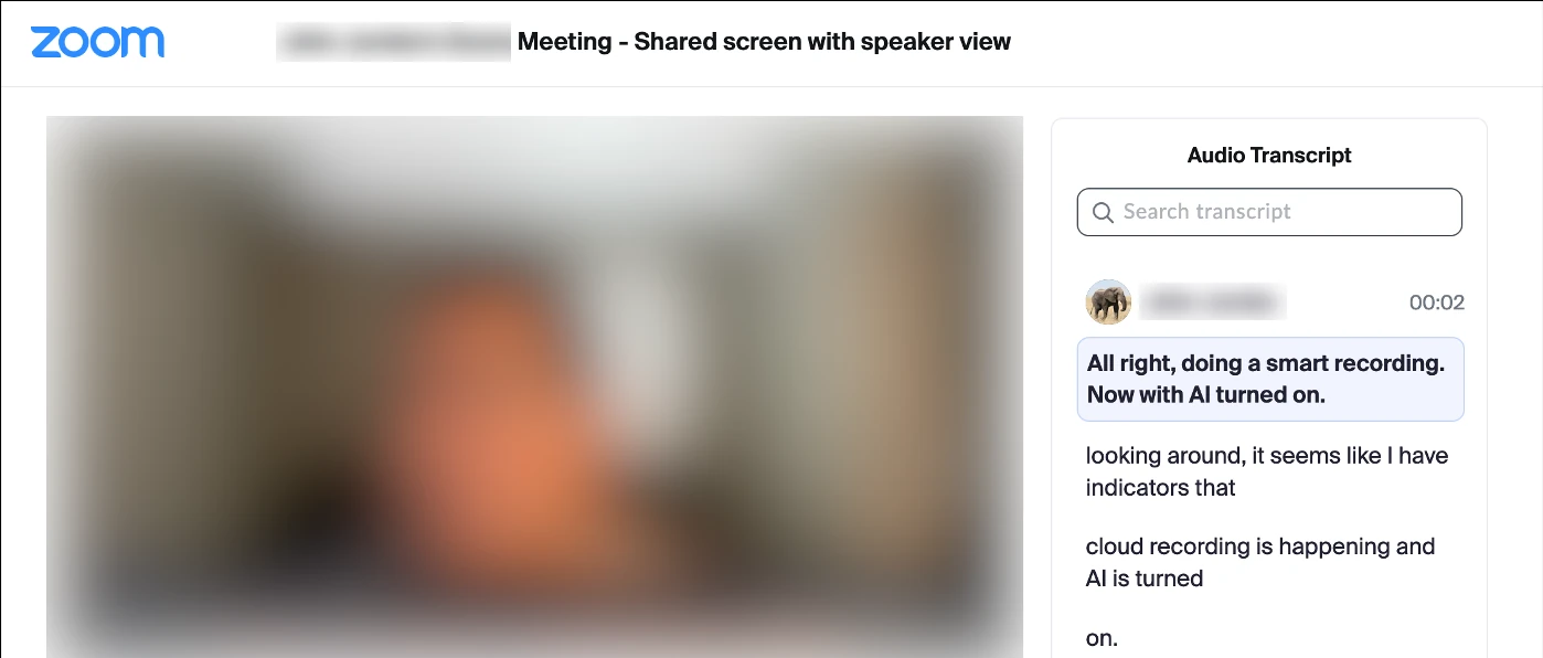 Zoom recording page with the title, video and Audio Transcript panel, and no Download button in the title bar