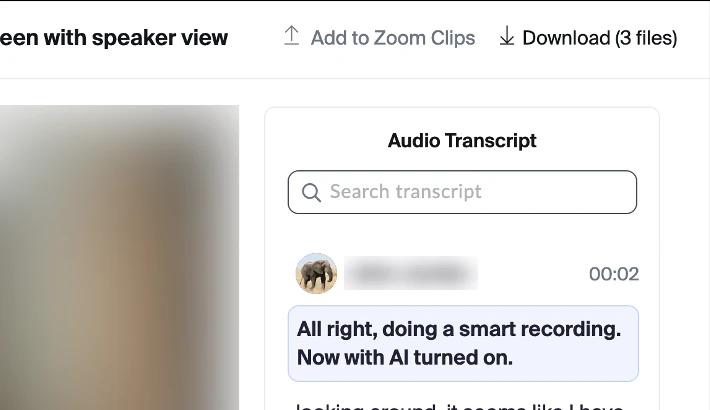 Download (3 files) at the top right of a Zoom recording page
