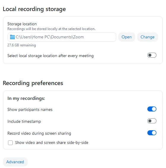 Zoom Recording settings: Local recording storage, Storage location with Open and Change buttons
