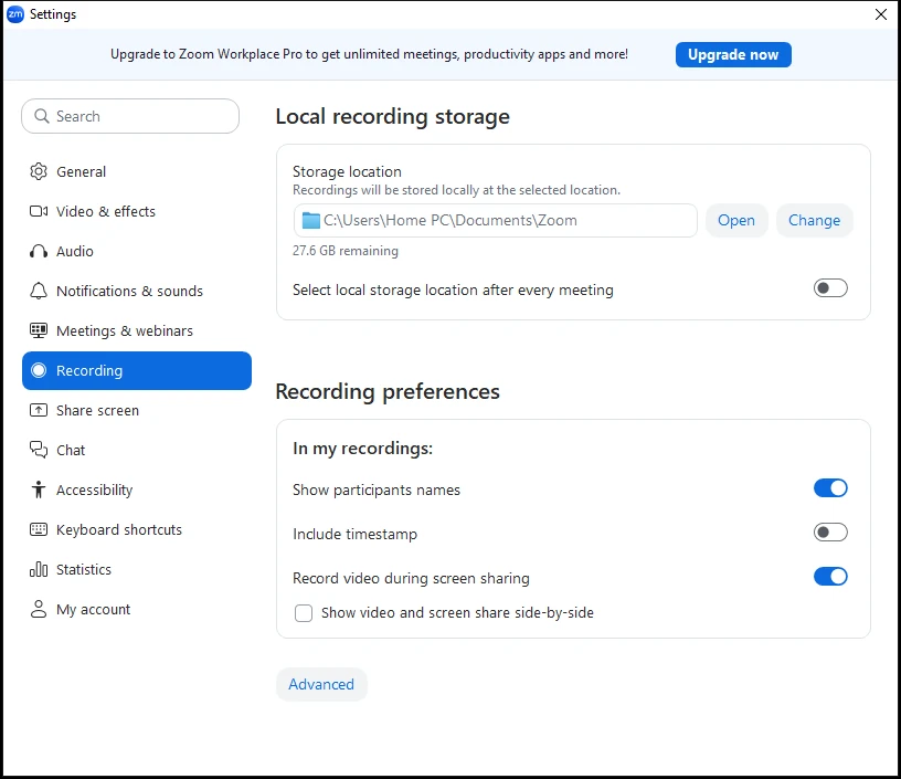 Zoom Workplace Settings window with the Recording tab open: Local recording storage, Storage location C:\Users\…\Documents\Zoom with Open and Change buttons