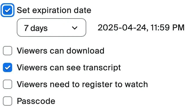 Viewers can download and the other share settings of a Zoom recording