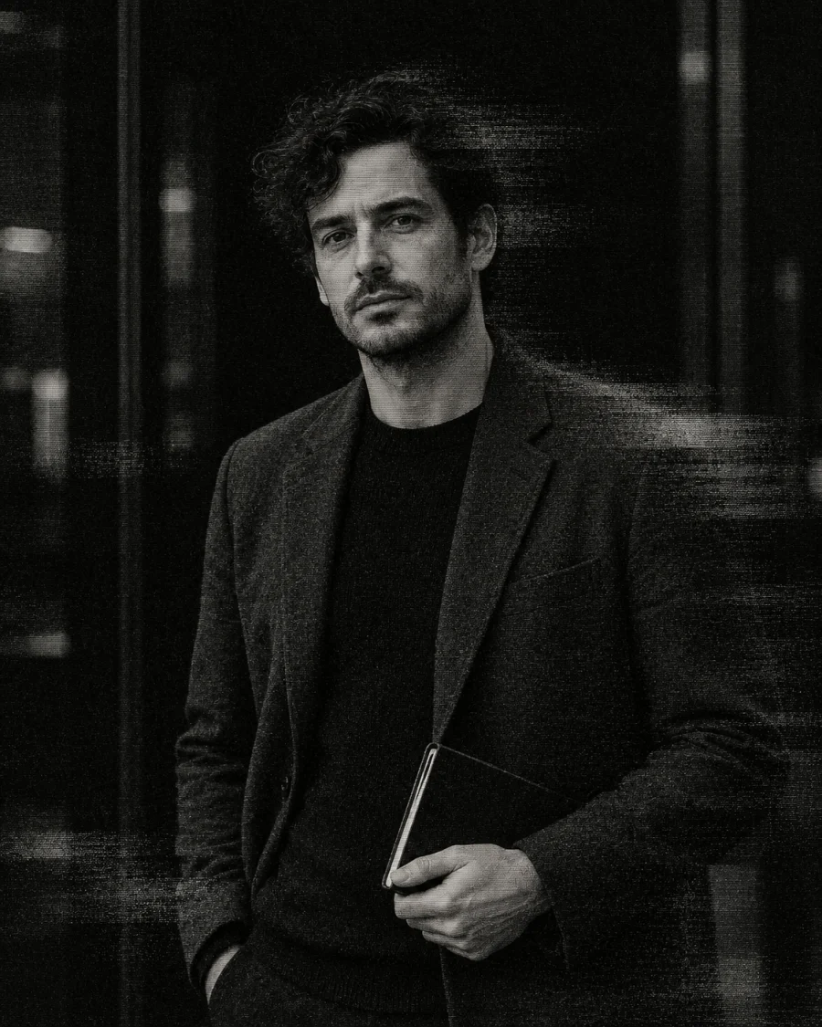 A project manager holding a notebook, in a textured monochrome portrait