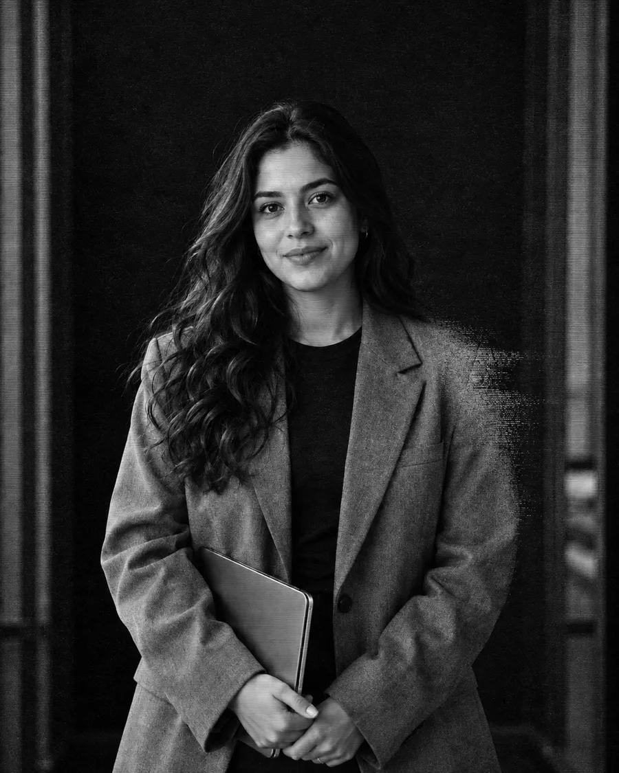 A marketer holding a laptop, in a textured monochrome portrait