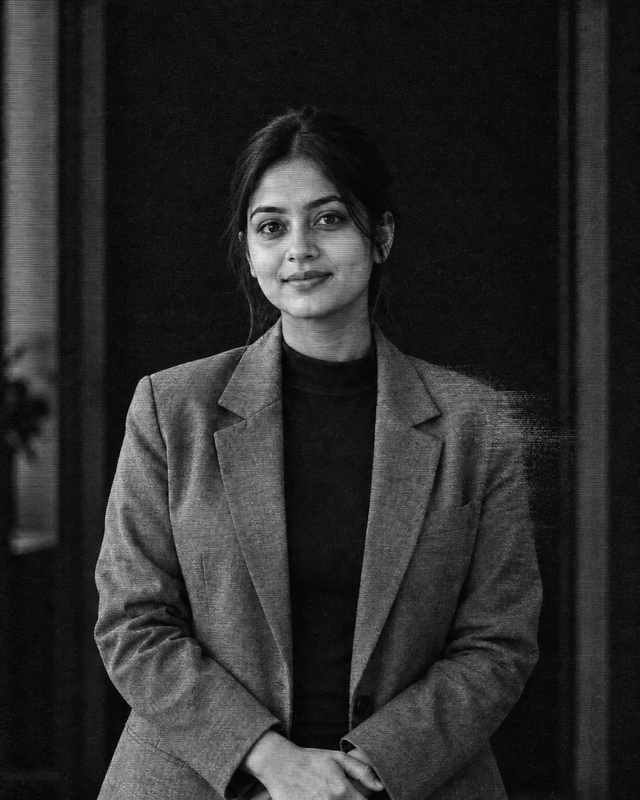 A recruiter with folded hands, in a textured monochrome portrait
