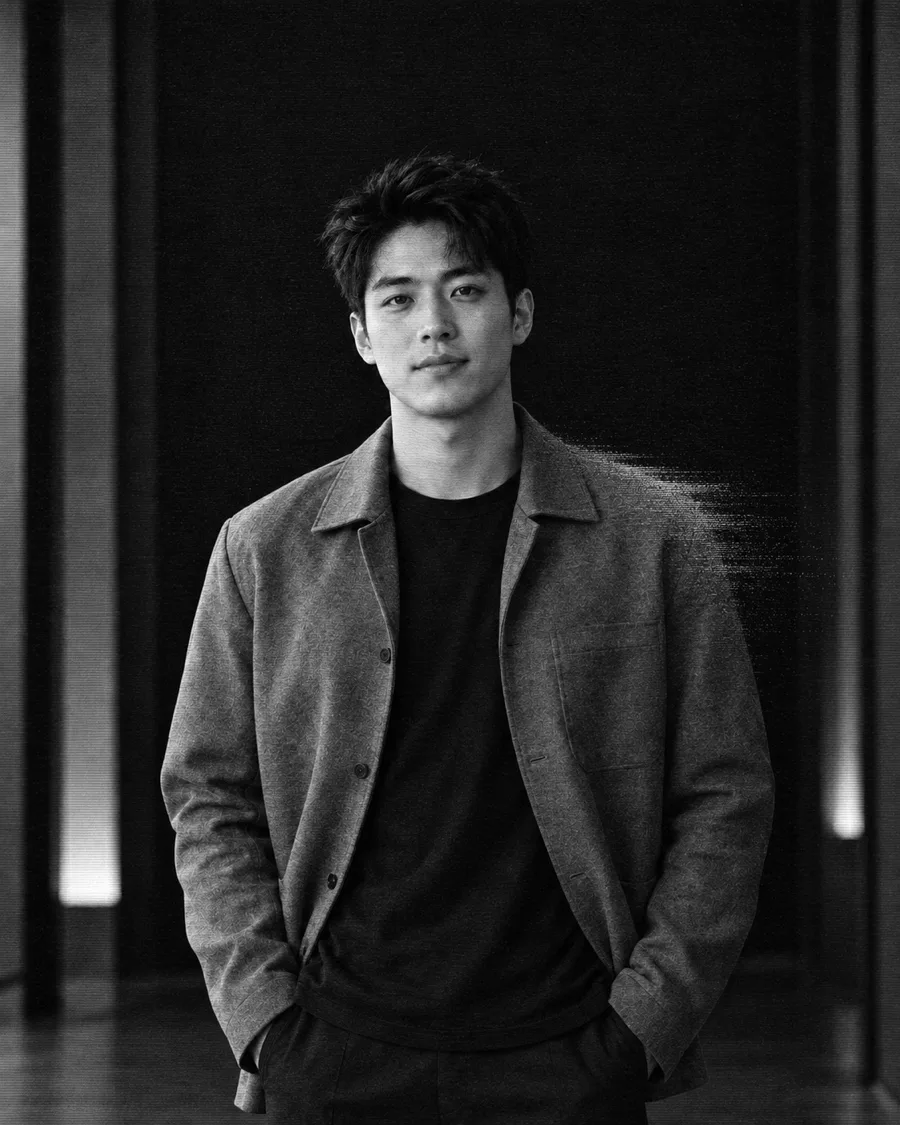 A team lead in a dark overshirt, in a textured monochrome portrait