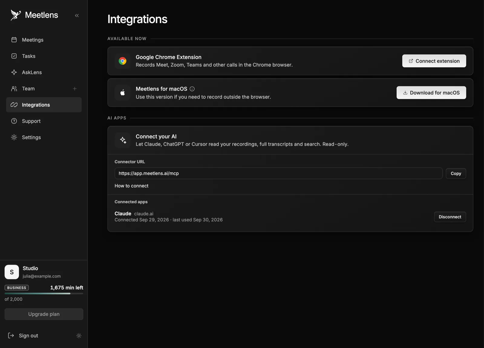 Meetlens Integrations screen with the Chrome extension, the macOS app and AI apps connected over MCP