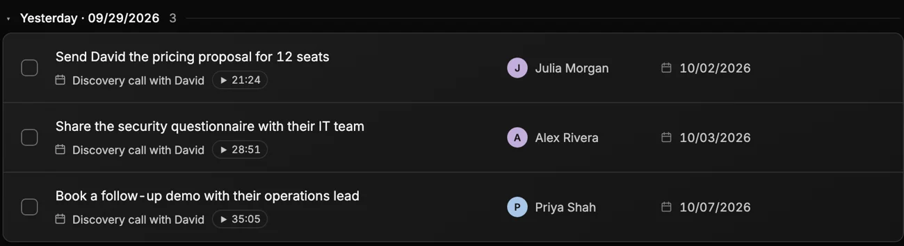Tasks from the same call, with owners and due dates