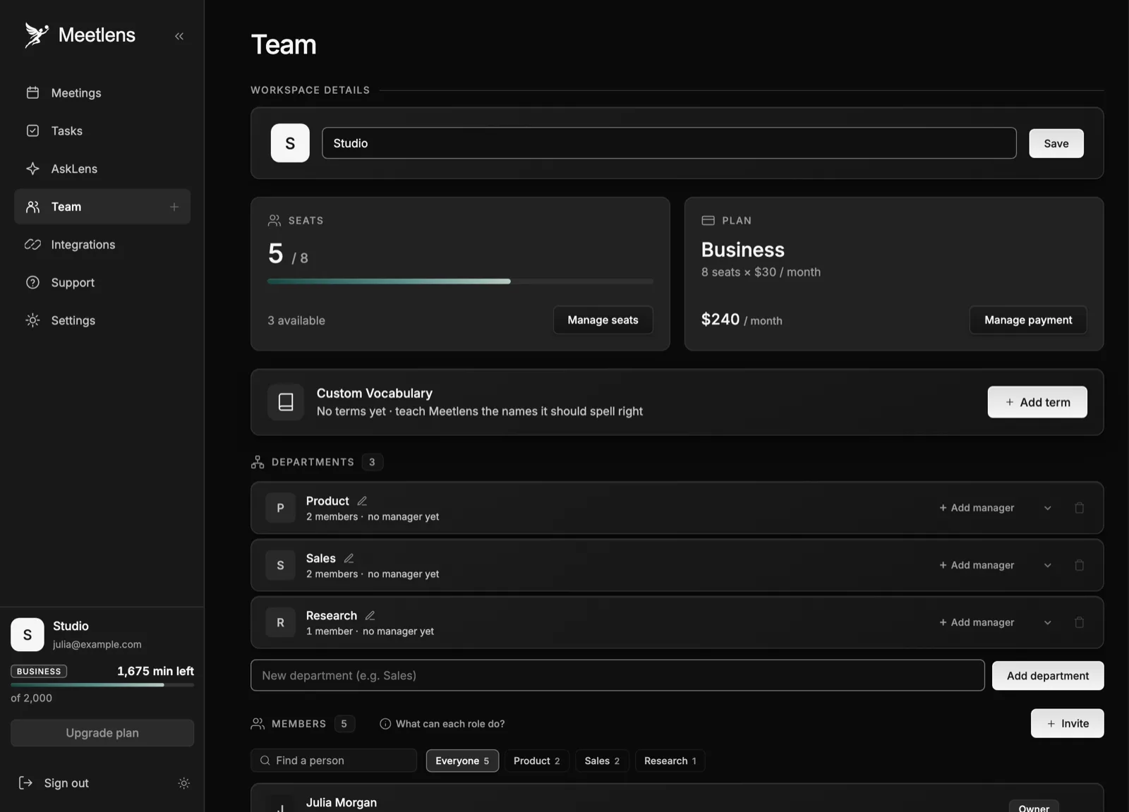 Meetlens team workspace with members, roles and shared channels