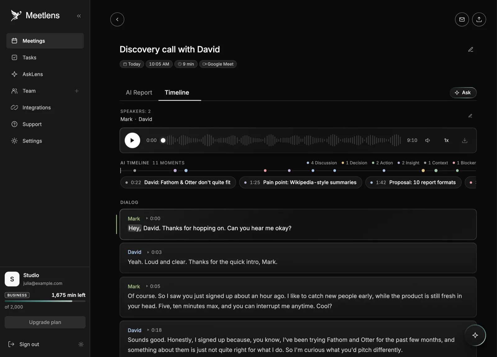 Meetlens audio timeline with timestamped transcript and speakers